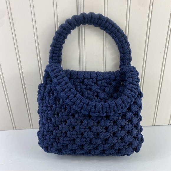 Blue Mini Macramé Handmade Crochet‎ Bag with Textured Design - Picture 4 of 9